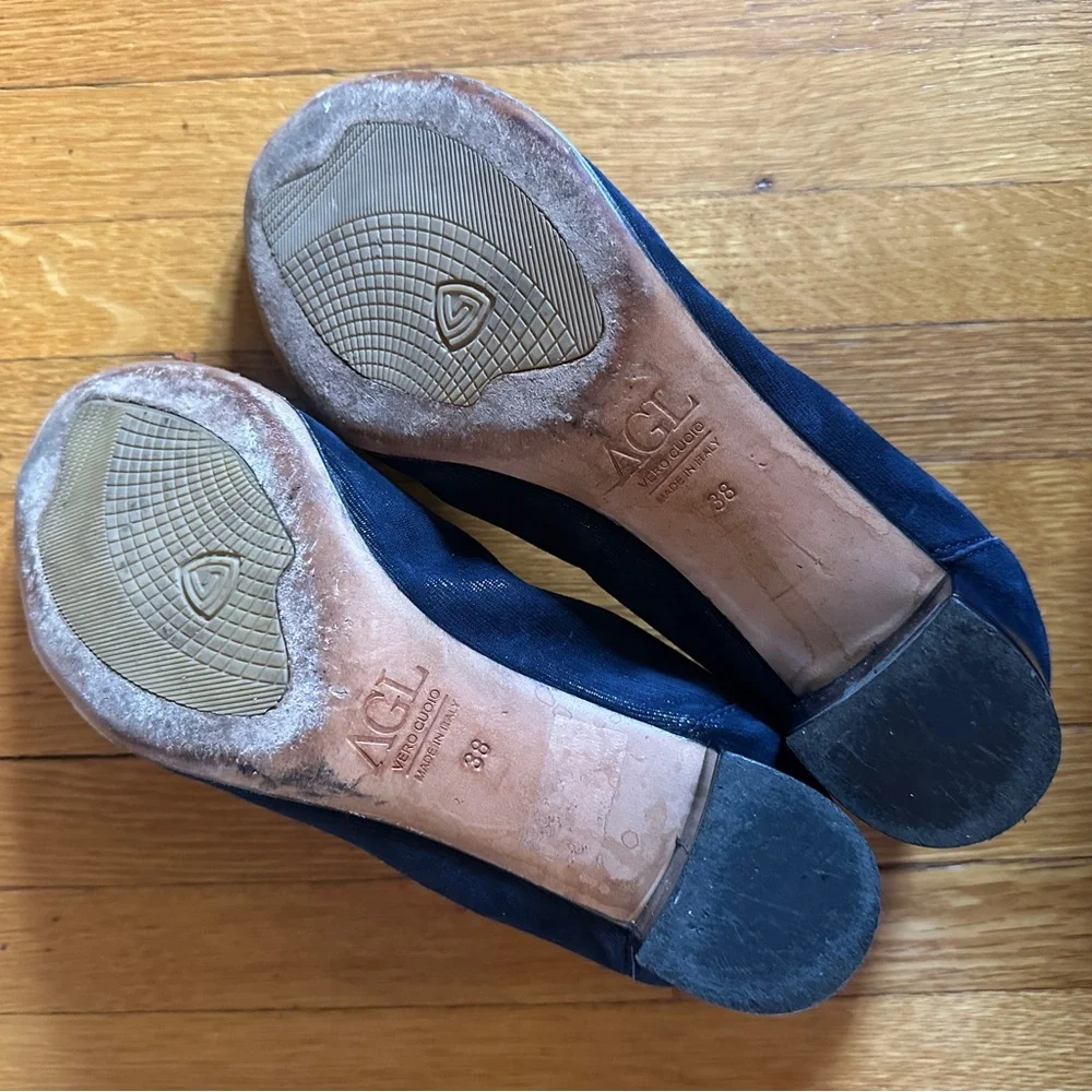 AGL navy blue leather kitten block heels with buckle detail, size 38 (US 8)
